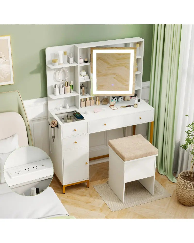 Makeup Dressing Table and Stool set with 3 Lighting Modes and Cabinet-White - White - Makeup Vanities