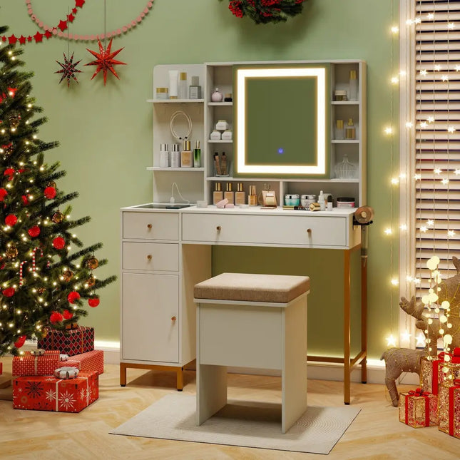 Makeup Dressing Table and Stool set with 3 Lighting Modes and Cabinet-White - White - Makeup Vanities