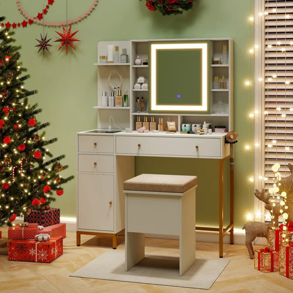 Makeup Dressing Table and Stool set with 3 Lighting Modes and Cabinet-White - White - Makeup Vanities