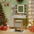 Makeup Dressing Table and Stool set with 3 Lighting Modes and Cabinet-White - White - Makeup Vanities