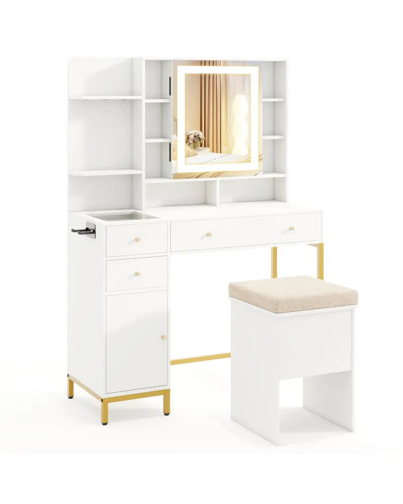 Makeup Dressing Table and Stool set with 3 Lighting Modes and Cabinet-White - White - Makeup Vanities