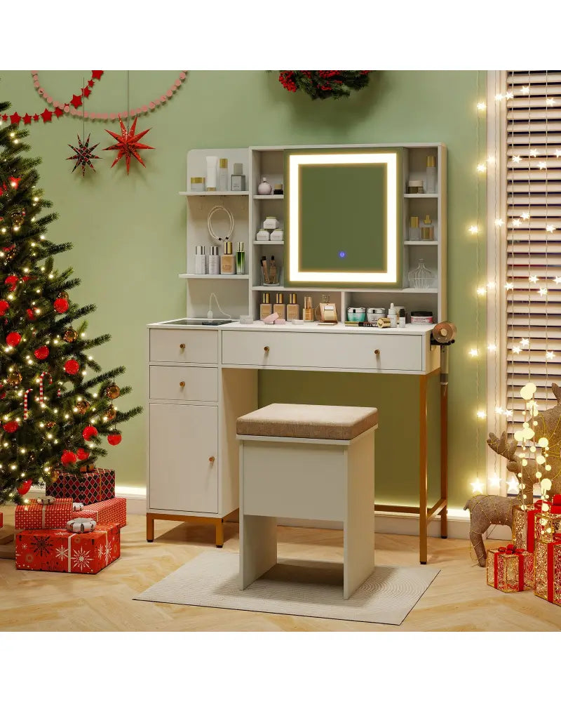 Makeup Dressing Table and Stool set with 3 Lighting Modes and Cabinet-White - White - Makeup Vanities