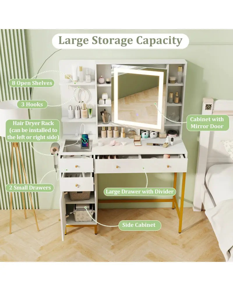 Makeup Dressing Table and Stool set with 3 Lighting Modes and Cabinet-White - White - Makeup Vanities