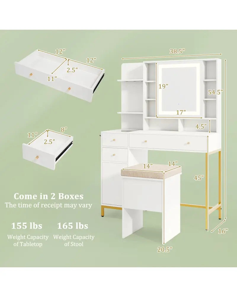 Makeup Dressing Table and Stool set with 3 Lighting Modes and Cabinet-White - White - Makeup Vanities