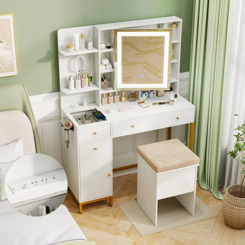 Makeup Dressing Table and Stool set with 3 Lighting Modes and Cabinet-White - White - Makeup Vanities