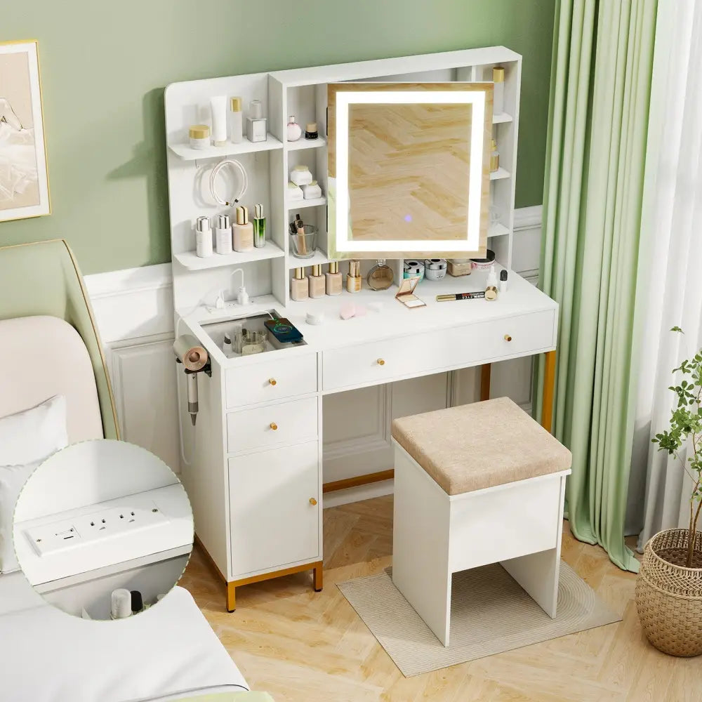 Makeup Dressing Table and Stool set with 3 Lighting Modes and Cabinet-White - White - Makeup Vanities