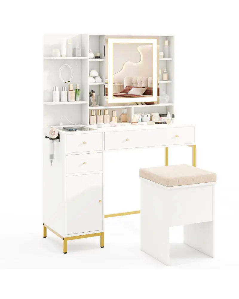 Makeup Dressing Table and Stool set with 3 Lighting Modes and Cabinet-White - White - Makeup Vanities