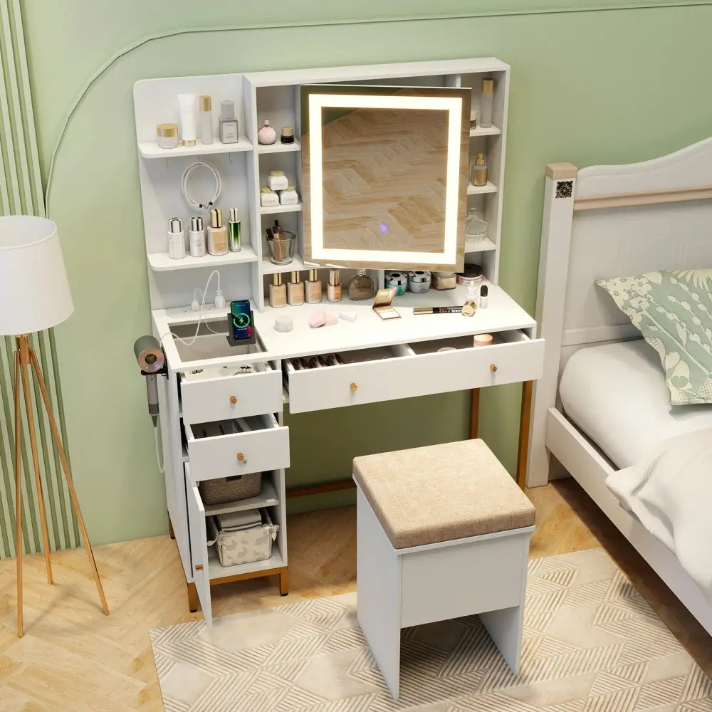Makeup Dressing Table and Stool set with 3 Lighting Modes and Cabinet-White - White - Makeup Vanities