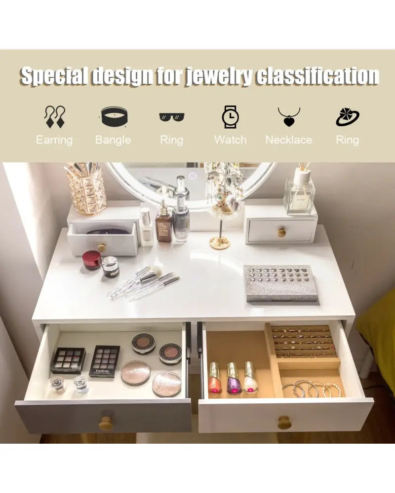 Makeup Dressing Table with 4 Drawers and Lighted Mirror-White - White - Makeup Vanities