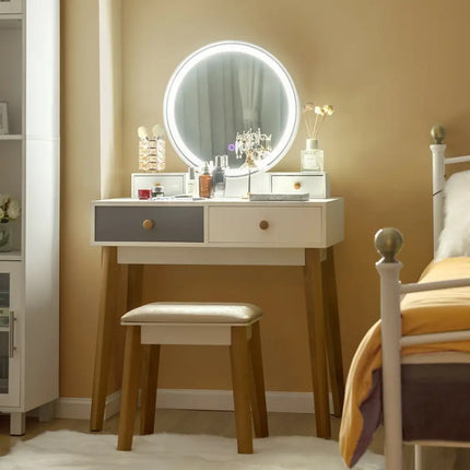 Makeup Dressing Table with 4 Drawers and Lighted Mirror-White - White - Makeup Vanities