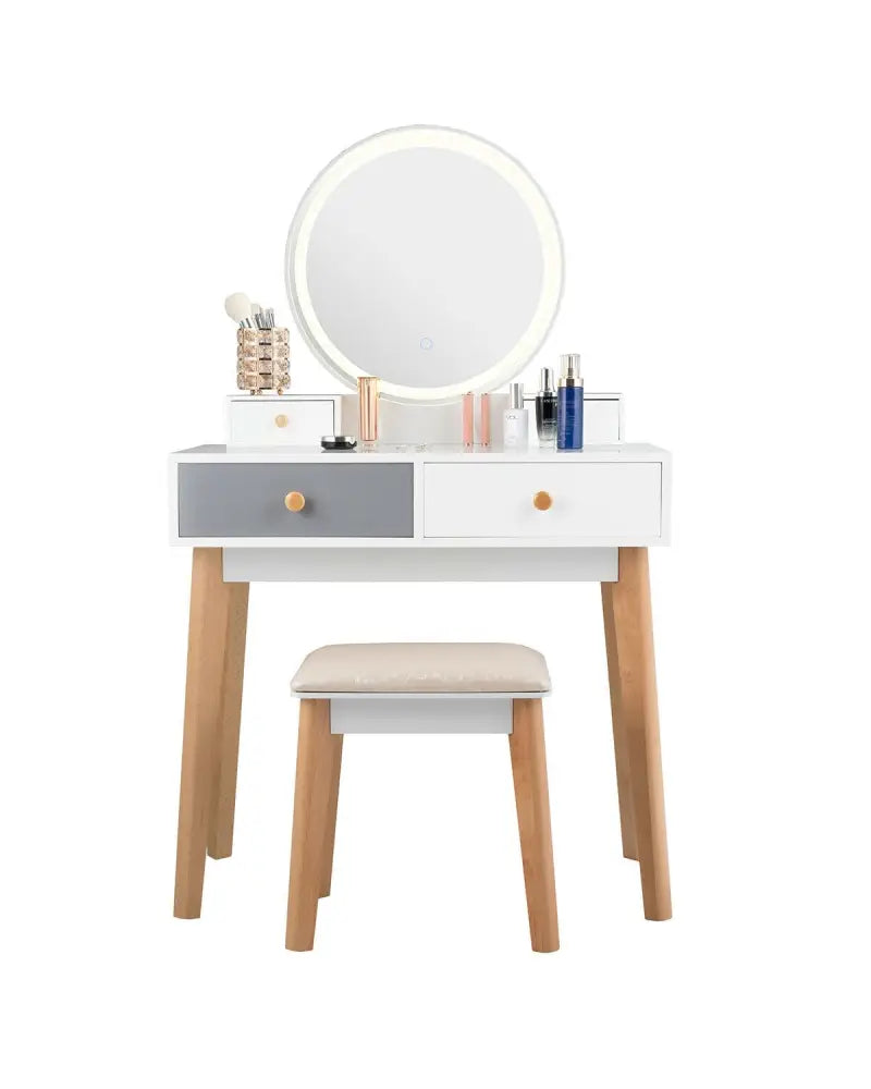 Makeup Dressing Table with 4 Drawers and Lighted Mirror-White - White - Makeup Vanities
