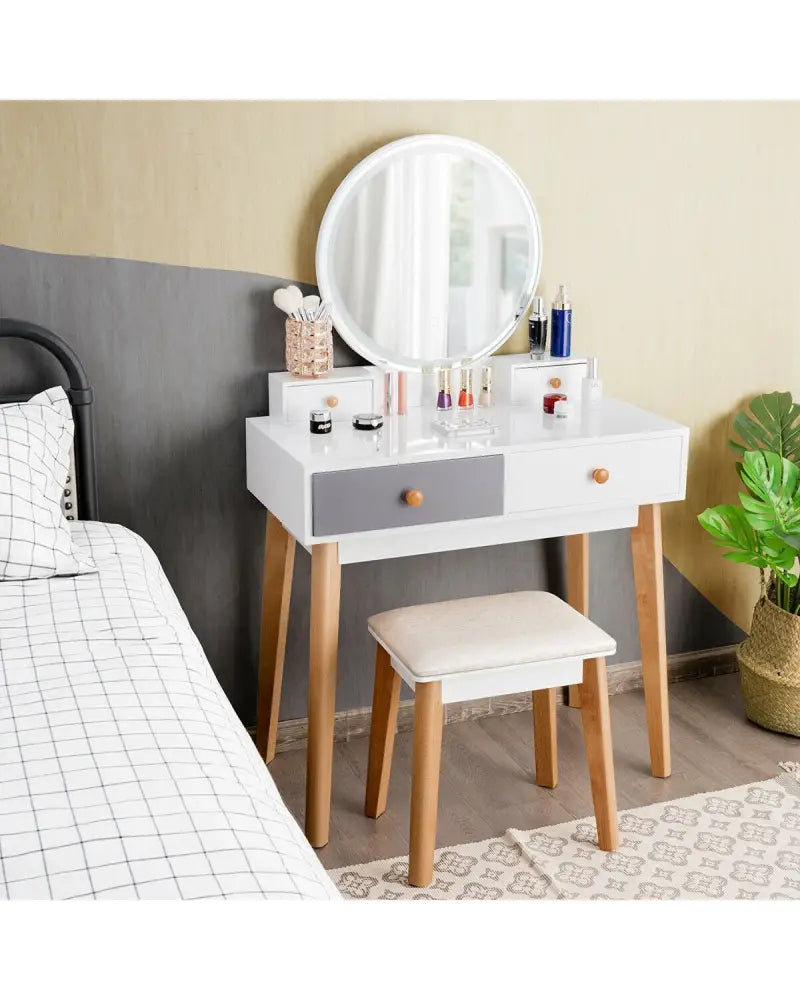 Makeup Dressing Table with 4 Drawers and Lighted Mirror-White - White - Makeup Vanities