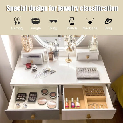 Makeup Dressing Table with 4 Drawers and Lighted Mirror-White - White - Makeup Vanities