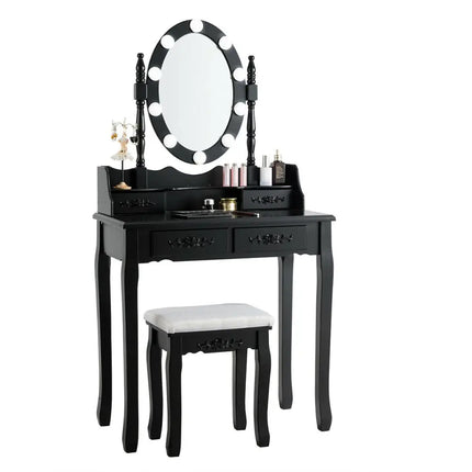 Makeup Dressing Table with Touch Switch Lighted Mirror and Cushioned Stool-Black - Black - Makeup Vanities