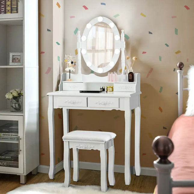 Makeup Dressing Table with Touch Switch Lighted Mirror and Cushioned Stool-White - White - Makeup Vanities