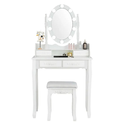 Makeup Dressing Table with Touch Switch Lighted Mirror and Cushioned Stool-White - White - Makeup Vanities