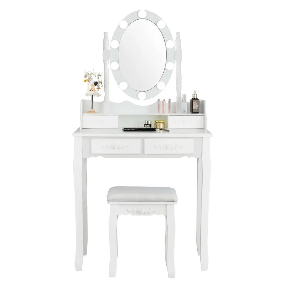 Makeup Dressing Table with Touch Switch Lighted Mirror and Cushioned Stool-White - White - Makeup Vanities