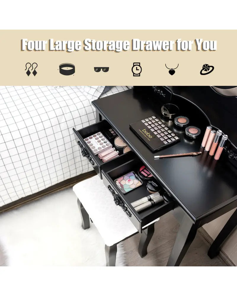 Makeup Dressing Table with Touch Switch Lighted Mirror and Cushioned Stool-Black - Black - Makeup Vanities