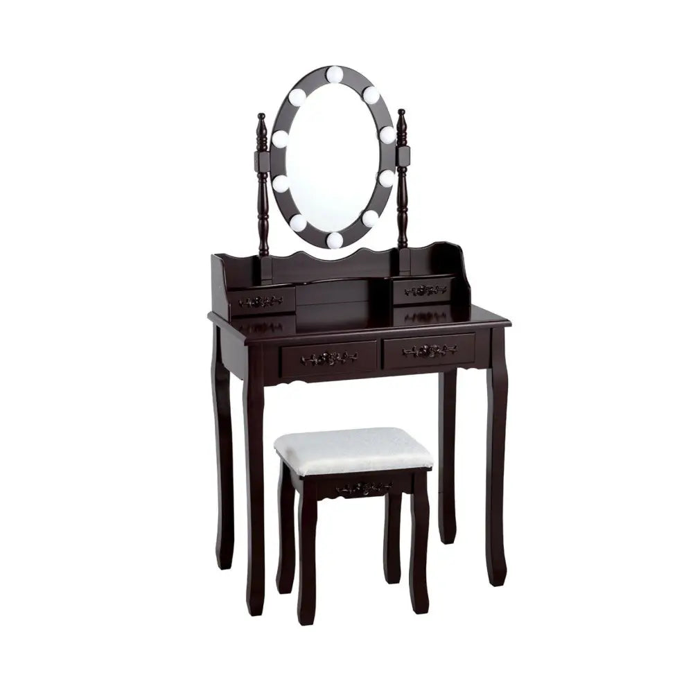 Makeup Dressing Table with Touch Switch Lighted Mirror and Cushioned Stool-Brown - Brown - Makeup Vanities