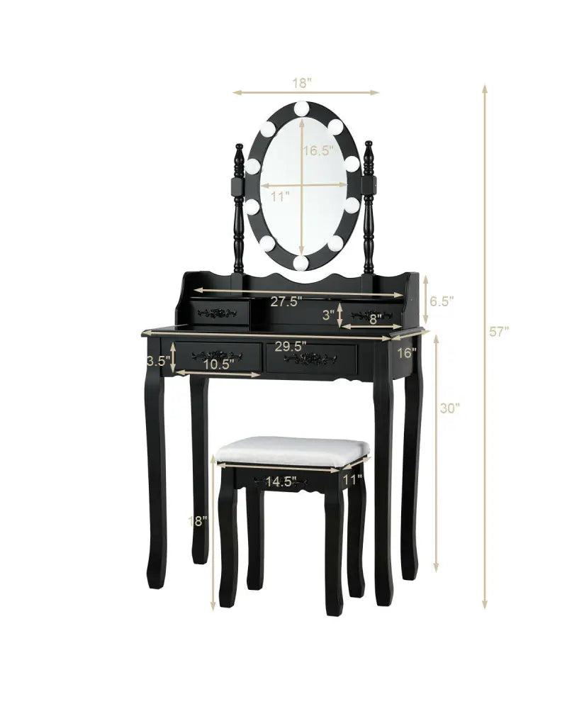 Makeup Dressing Table with Touch Switch Lighted Mirror and Cushioned Stool-Black - Black - Makeup Vanities