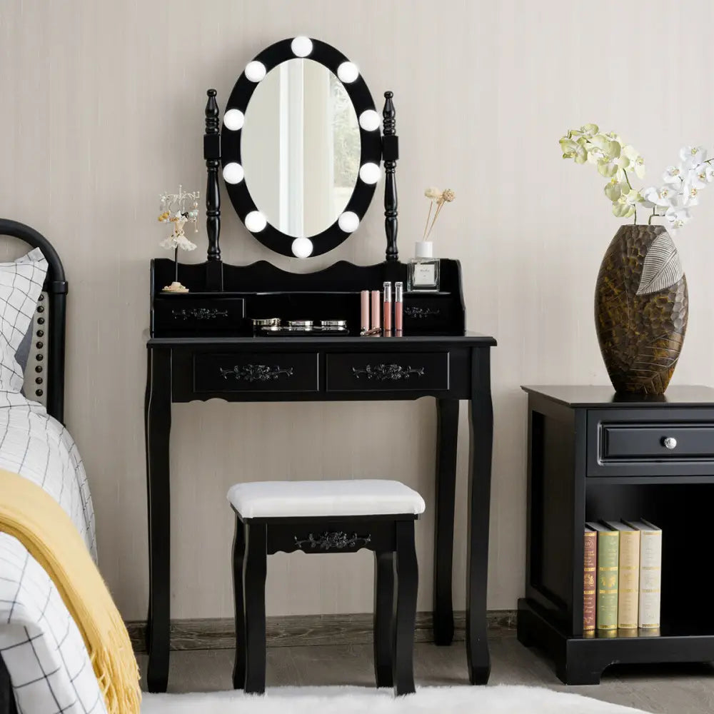 Makeup Dressing Table with Touch Switch Lighted Mirror and Cushioned Stool-Black - Black - Makeup Vanities