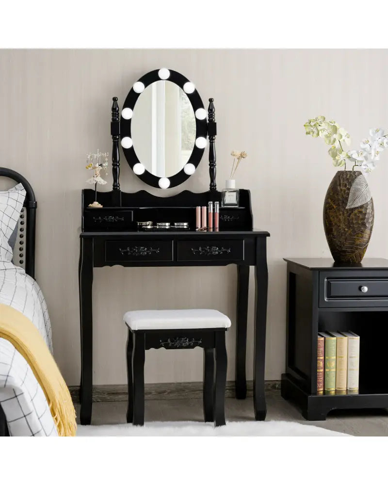 Makeup Dressing Table with Touch Switch Lighted Mirror and Cushioned Stool-Black - Black - Makeup Vanities
