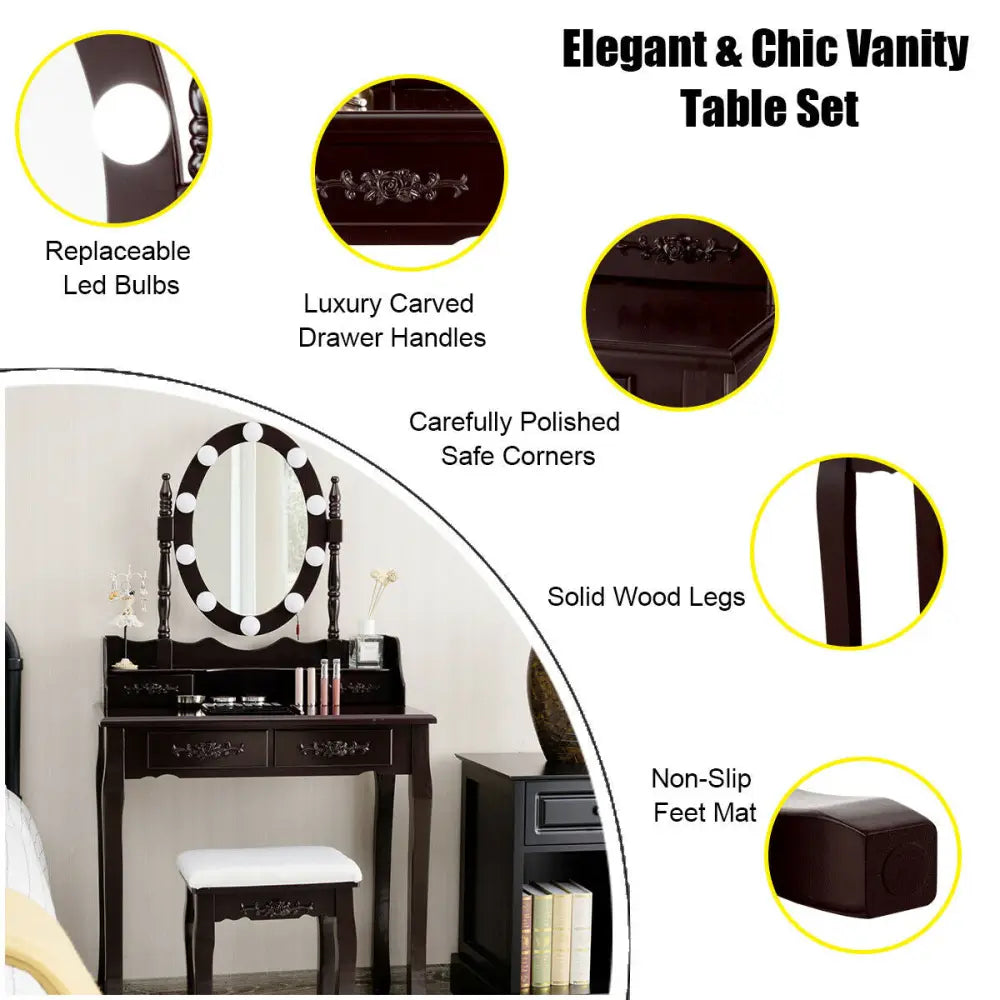 Makeup Dressing Table with Touch Switch Lighted Mirror and Cushioned Stool-Brown - Brown - Makeup Vanities