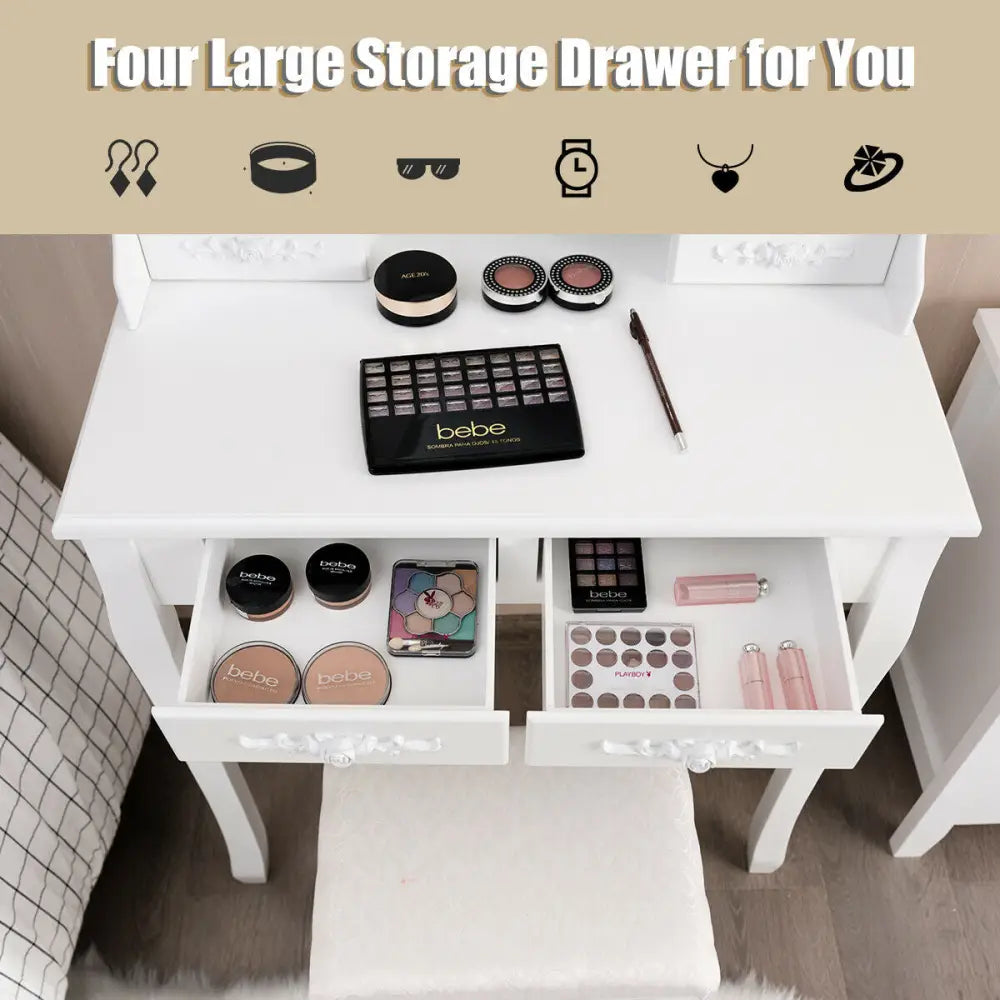 Makeup Dressing Table with Touch Switch Lighted Mirror and Cushioned Stool-White - White - Makeup Vanities
