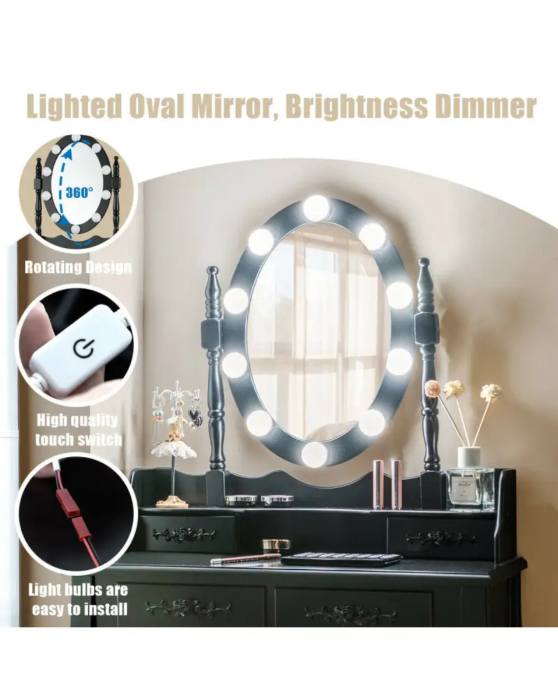 Makeup Dressing Table with Touch Switch Lighted Mirror and Cushioned Stool-Black - Black - Makeup Vanities