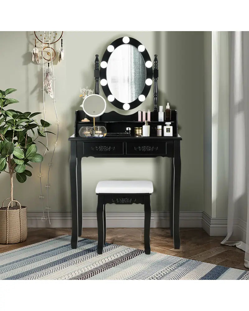 Makeup Dressing Table with Touch Switch Lighted Mirror and Cushioned Stool-Black - Black - Makeup Vanities