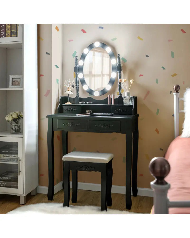 Makeup Dressing Table with Touch Switch Lighted Mirror and Cushioned Stool-Black - Black - Makeup Vanities