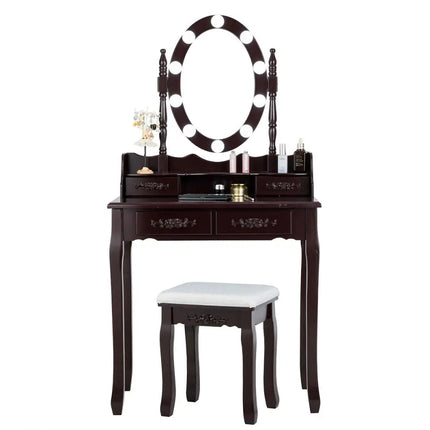 Makeup Dressing Table with Touch Switch Lighted Mirror and Cushioned Stool-Brown - Brown - Makeup Vanities