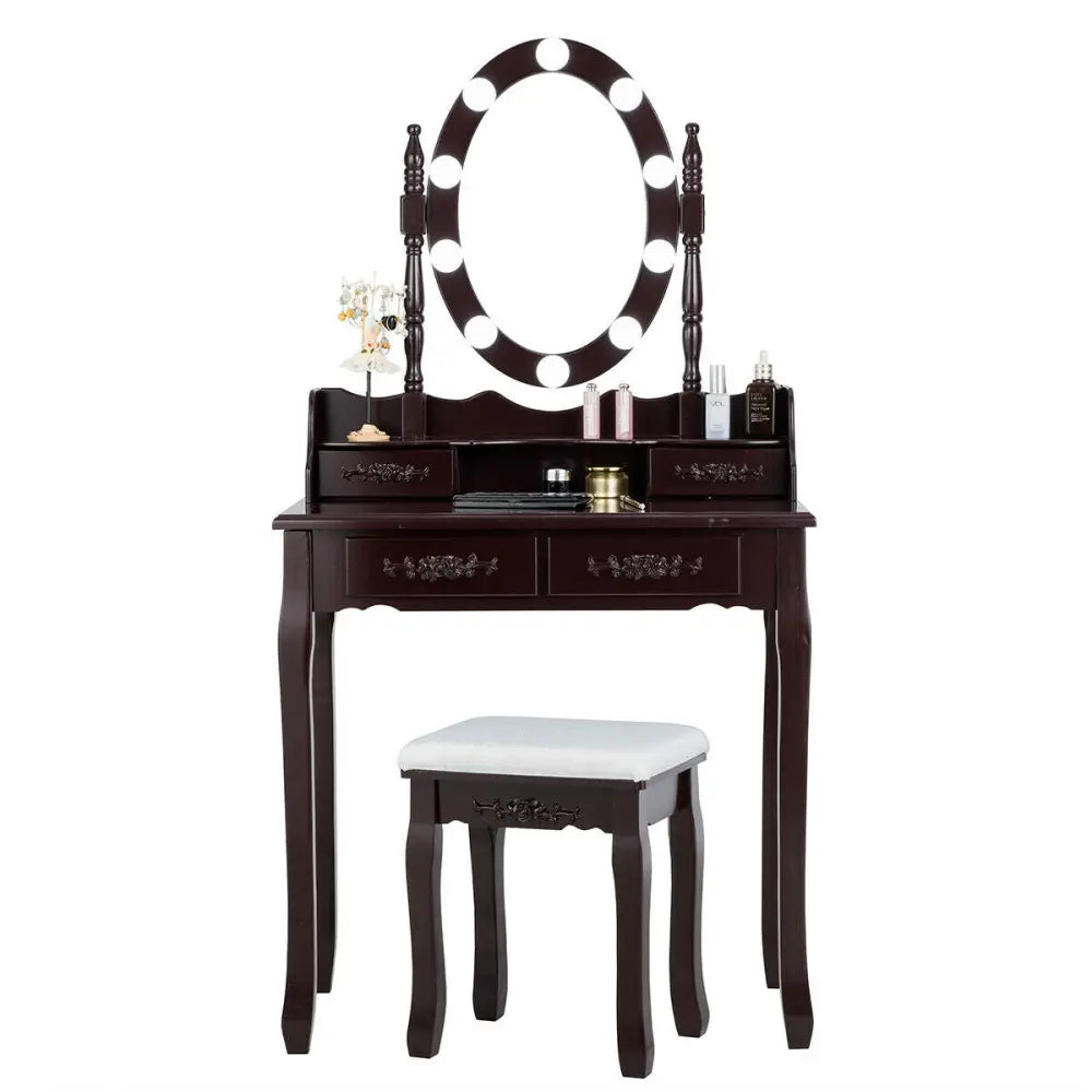 Makeup Dressing Table with Touch Switch Lighted Mirror and Cushioned Stool-Brown - Brown - Makeup Vanities
