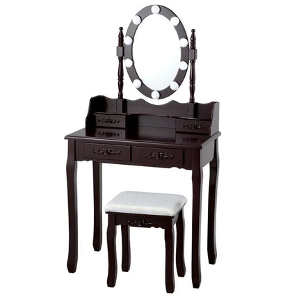 Makeup Dressing Table with Touch Switch Lighted Mirror and Cushioned Stool-Brown - Brown - Makeup Vanities