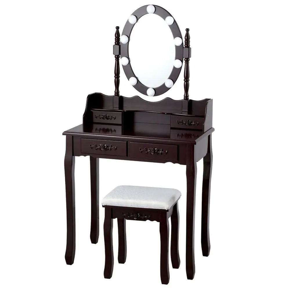 Makeup Dressing Table with Touch Switch Lighted Mirror and Cushioned Stool-Brown - Brown - Makeup Vanities