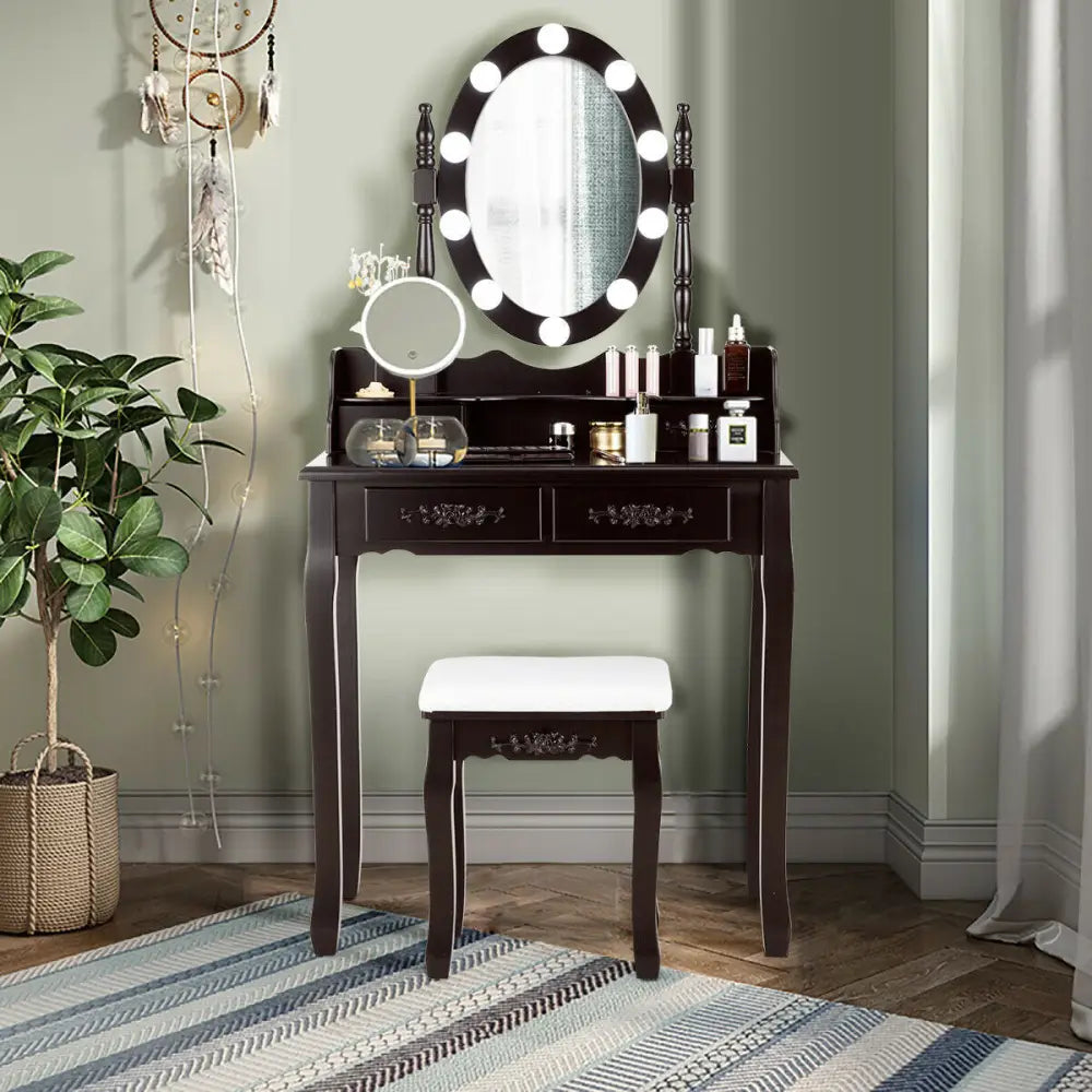 Makeup Dressing Table with Touch Switch Lighted Mirror and Cushioned Stool-Brown - Brown - Makeup Vanities