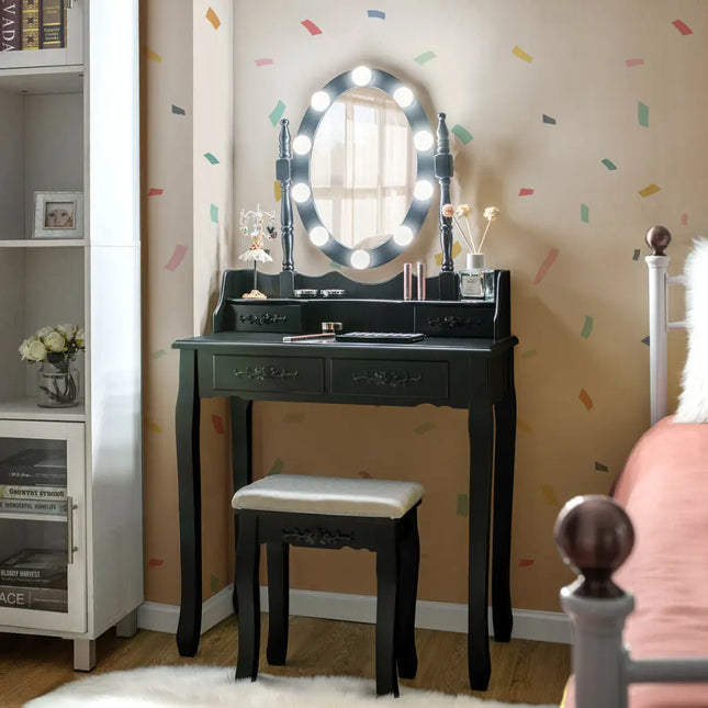 Makeup Dressing Table with Touch Switch Lighted Mirror and Cushioned Stool-Black - Black - Makeup Vanities