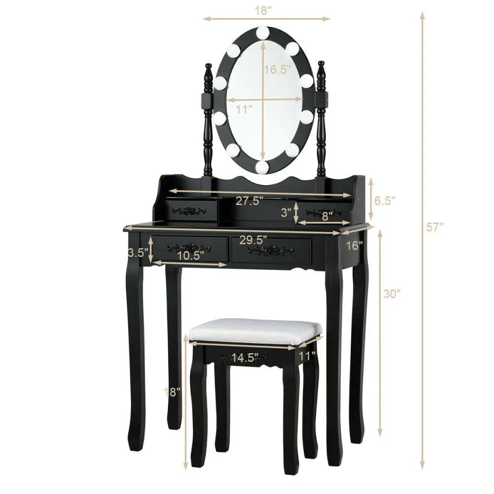 Makeup Dressing Table with Touch Switch Lighted Mirror and Cushioned Stool-Black - Black - Makeup Vanities