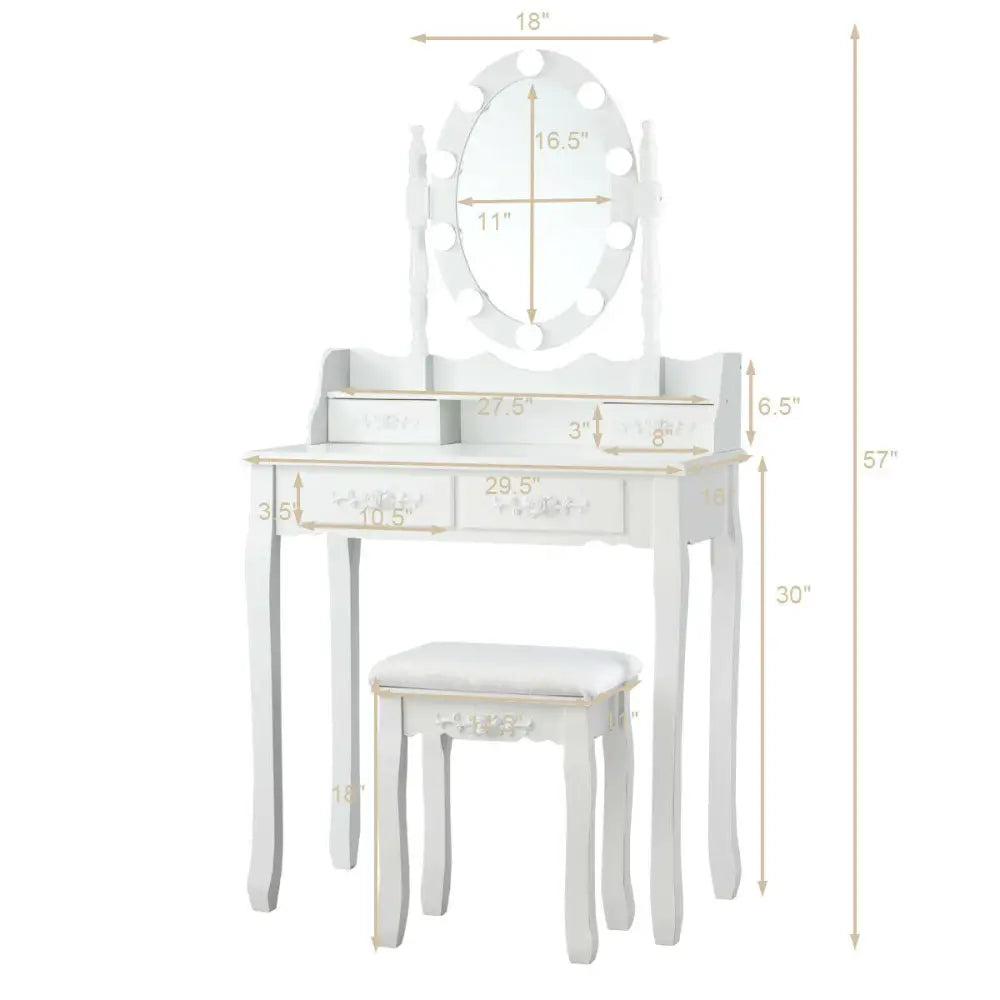 Makeup Dressing Table with Touch Switch Lighted Mirror and Cushioned Stool-White - White - Makeup Vanities