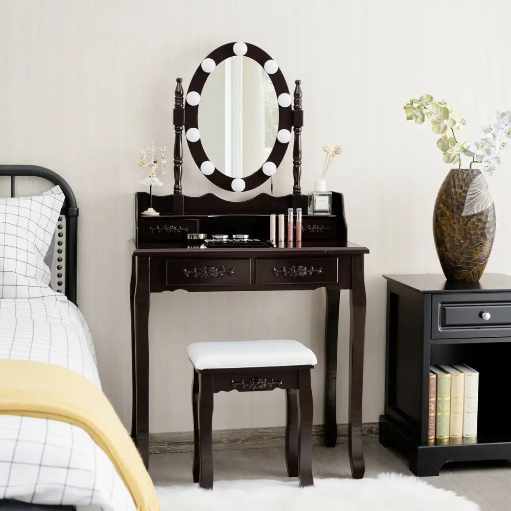 Makeup Dressing Table with Touch Switch Lighted Mirror and Cushioned Stool-Brown - Brown - Makeup Vanities
