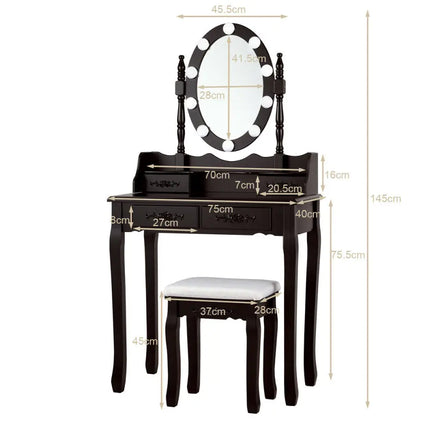 Makeup Dressing Table with Touch Switch Lighted Mirror and Cushioned Stool-Brown - Brown - Makeup Vanities