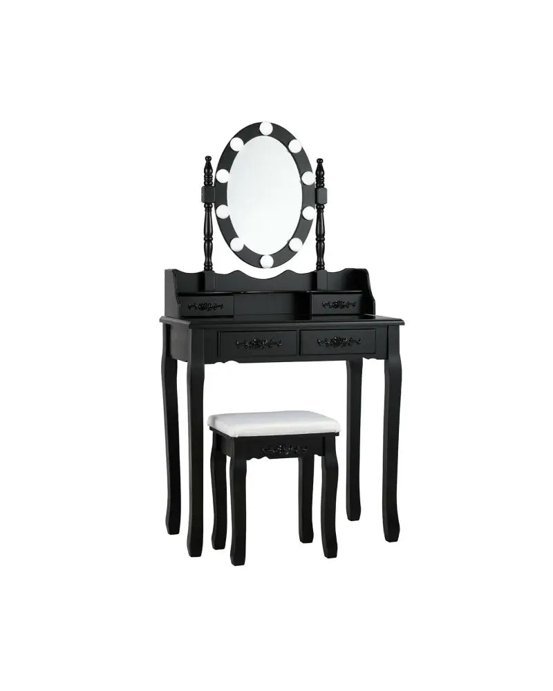 Makeup Dressing Table with Touch Switch Lighted Mirror and Cushioned Stool-Black - Black - Makeup Vanities