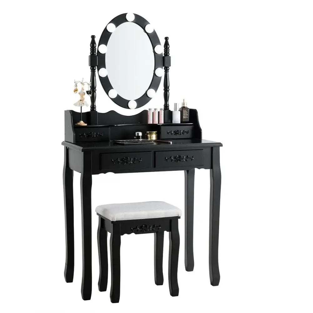Makeup Dressing Table with Touch Switch Lighted Mirror and Cushioned Stool-Black - Black - Makeup Vanities