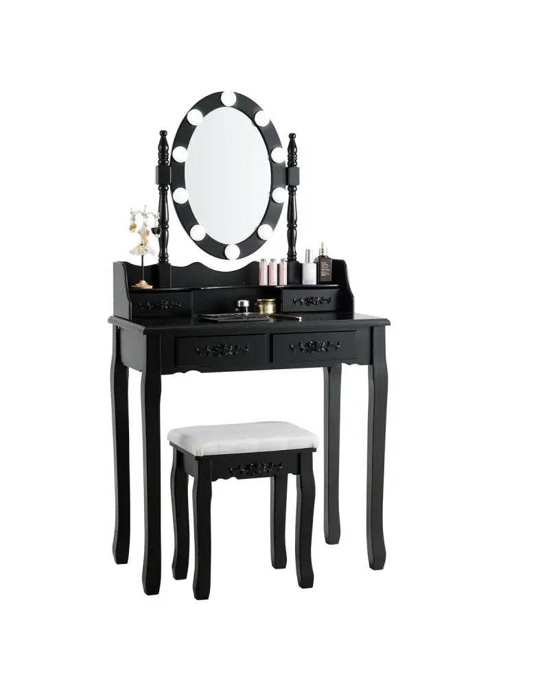 Makeup Dressing Table with Touch Switch Lighted Mirror and Cushioned Stool-Black - Black - Makeup Vanities