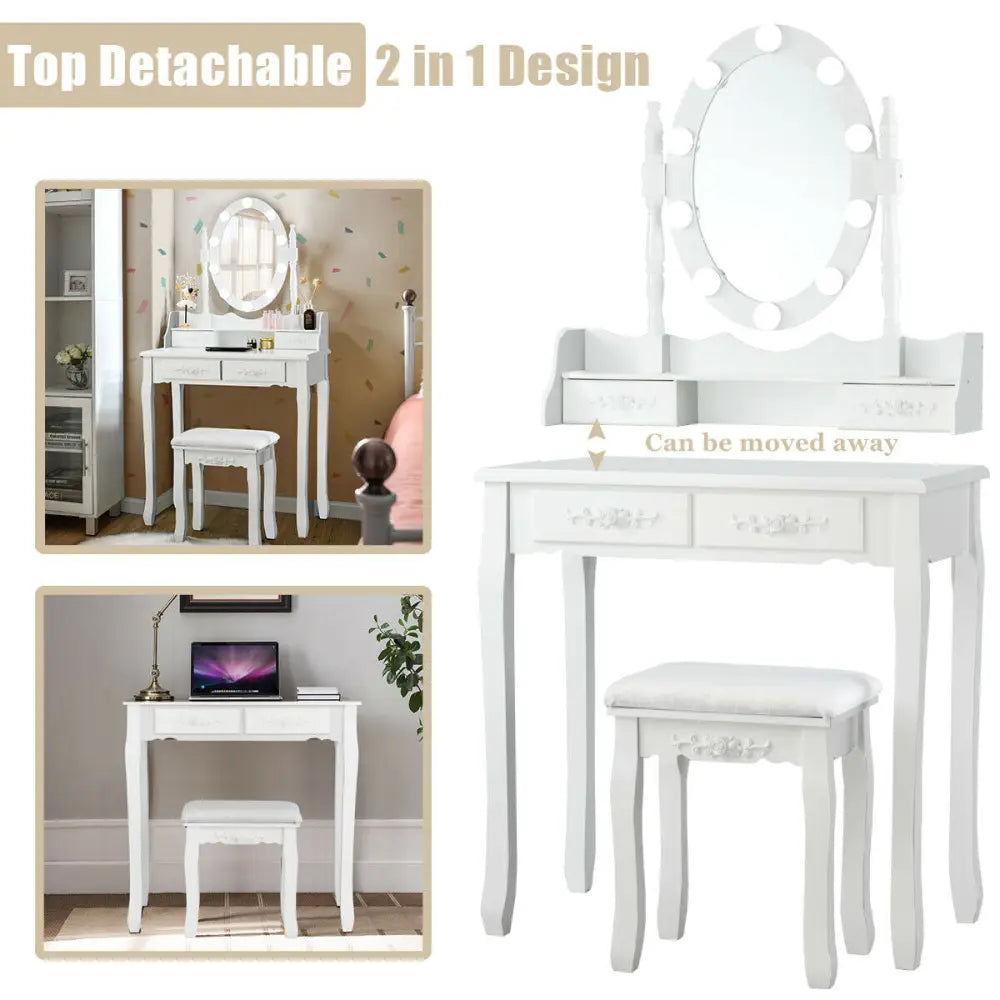Makeup Dressing Table with Touch Switch Lighted Mirror and Cushioned Stool-White - White - Makeup Vanities