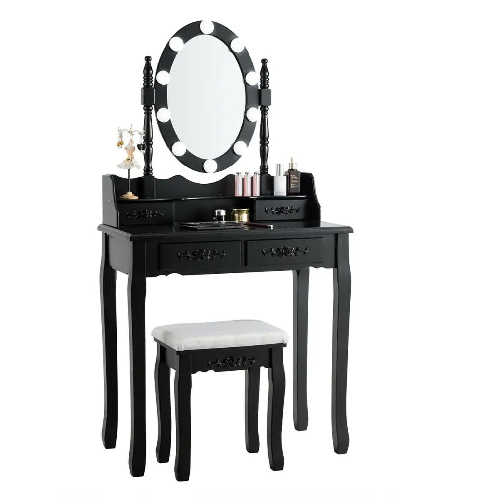 Makeup Dressing Table with Touch Switch Lighted Mirror and Cushioned Stool-Black - Black - Makeup Vanities