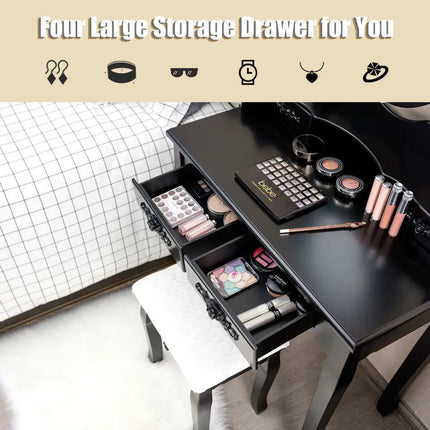 Makeup Dressing Table with Touch Switch Lighted Mirror and Cushioned Stool-Black - Black - Makeup Vanities