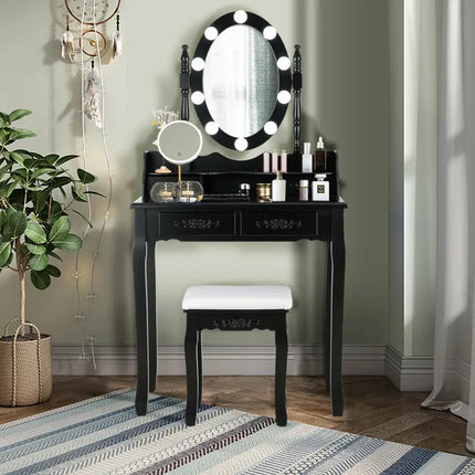 Makeup Dressing Table with Touch Switch Lighted Mirror and Cushioned Stool-Black - Black - Makeup Vanities