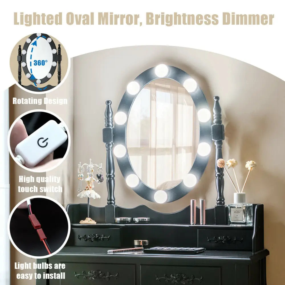 Makeup Dressing Table with Touch Switch Lighted Mirror and Cushioned Stool-Black - Black - Makeup Vanities