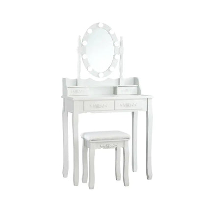 Makeup Dressing Table with Touch Switch Lighted Mirror and Cushioned Stool-White - White - Makeup Vanities